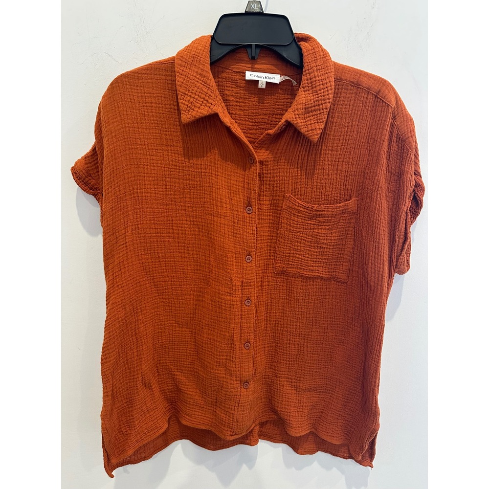 Calvin Klein Womens Rust Orange Crinkle Gauze Cotton Button Down Shirt Small